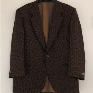 Men’s brown and black tweed suit jacket.